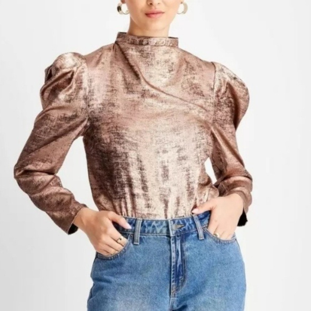 Future Collective Kahlana Barfield Top Womens Metallic Bronze XXS Puff Sleeve